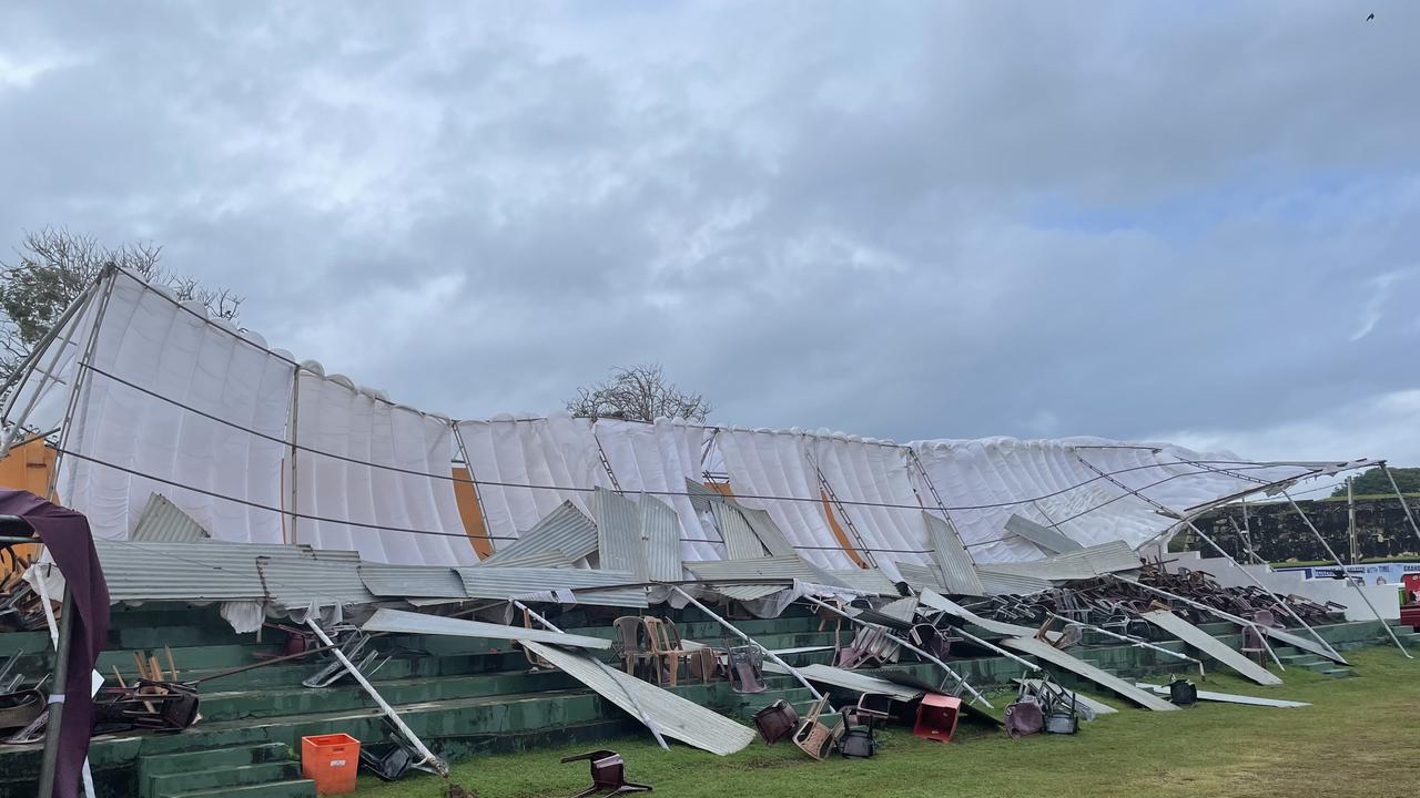 A grandstand at Galle International Cricket Stadium has collapsed, as shocking weather forced a delay to play in the Australia-Sri Lanka Test. Picture: Russell Gould