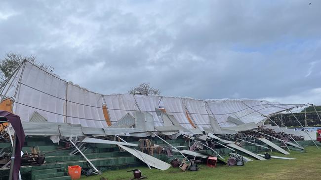 A grandstand at Galle International Cricket Stadium has collapsed, as shocking weather forced a delay to play in the Australia-Sri Lanka Test. Picture: Russell Gould