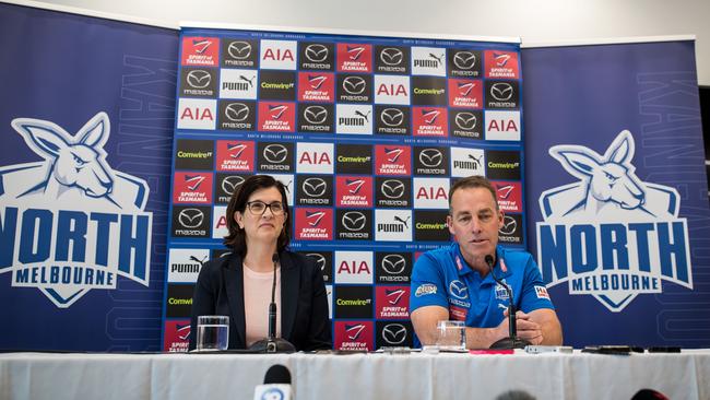 North Melbourne President Dr Sonja Hood and Alastair Clarkson. Photo by Darrian Traynor/Getty Images.