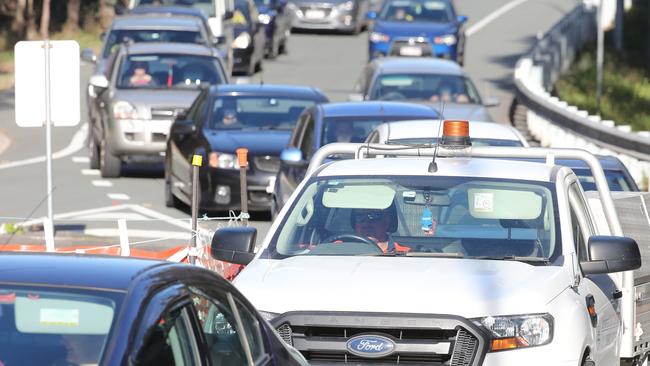 Congestion at on and off ramps at Pimpama from the M1. Picture: Richard Gosling.