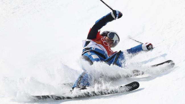 France’s Marie Martinod crashes during the freestyle skiing ladies' halfpipe final. Picture: Getty