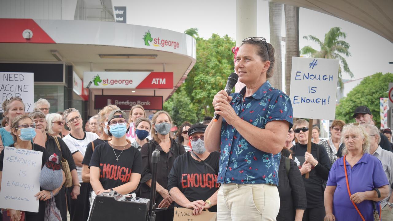 Protesters gathered at City Square on Monday for the March 4 Justice event in Coffs Harbour.