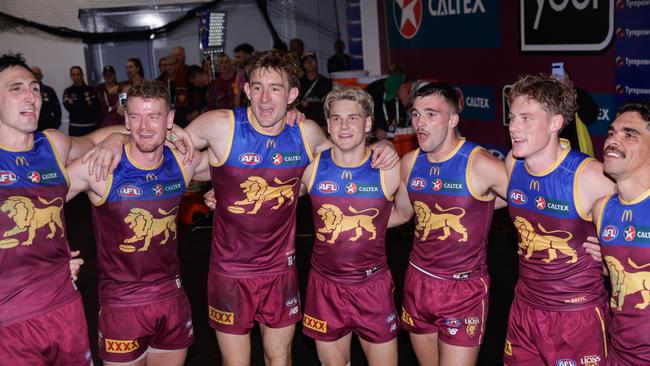 The Brisbane Lions sing the team song after last week’s win over Melbourne. (Photo by Russell Freeman/AFL Photos via Getty Images)