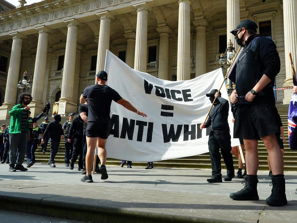 A group of neo-nazi sympathisers gatecrashed the No rally in Melbourne. Picture: NCA NewsWire / Luis Enrique Ascui