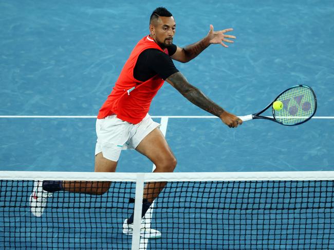 MELBOURNE, JANUARY 29, 2021: Australian Open Tennis 2022. Nick Kyrgios and Thanasi Kokkinakis in action against Matthew Ebden and Max Purcell during the mens doubles final on Rod Laver Arena. Picture: Mark Stewart