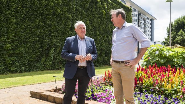 TRC Mayor Paul Antonio (left) and Groom MP Garth Hamilton after talking to media about the Wagners plan for a COVID quarantine hub next to the Wellcamp Airport, Monday, January 25, 2021. Picture: Kevin Farmer