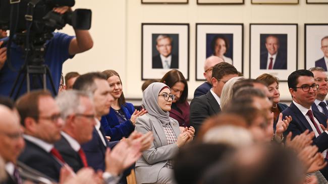 Senator Fatima Payman during a speech by Anthony Albanese to the Labor Caucus at Parliament House last month. Picture: NewsWire / Martin Ollman