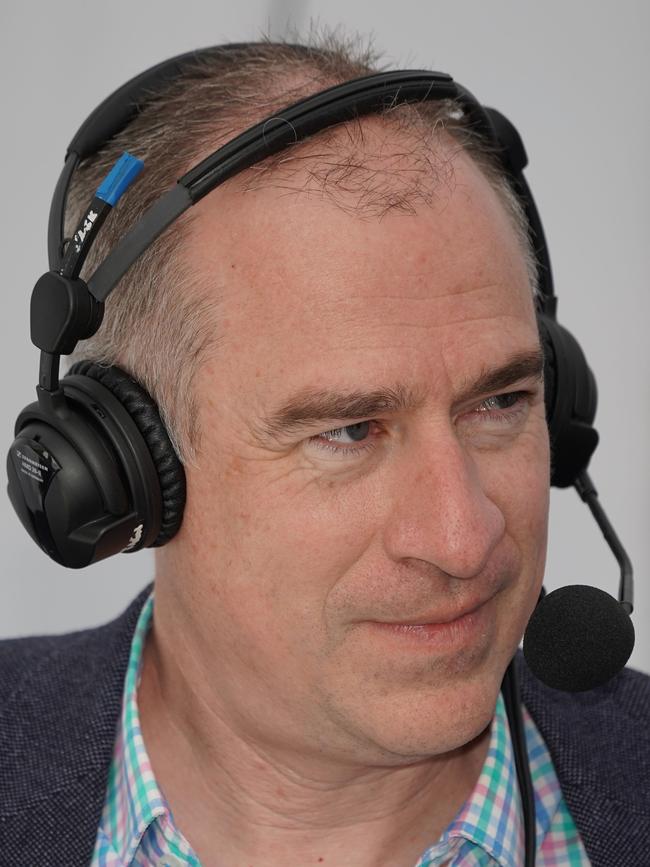 Broadcaster Gerard Whateley looks on during an official weigh-in at Crown Riverwalk in Melbourne. (AAP Image/Scott Barbour)