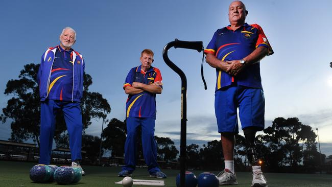 SA multi-disability lawn bowls team members Jim Fawcett, Mike Emberton and Barry Charity have been forced to withdraw from the nationals. Picture: Mark Brake