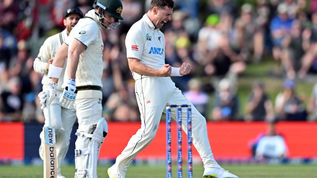 New Zealand’s Matt Henry celebrates after dismissing Australian linchpin Steve Smith in the closing stages of day three at Hagley Oval in Christchurch on Sunday. Picture: Getty Images