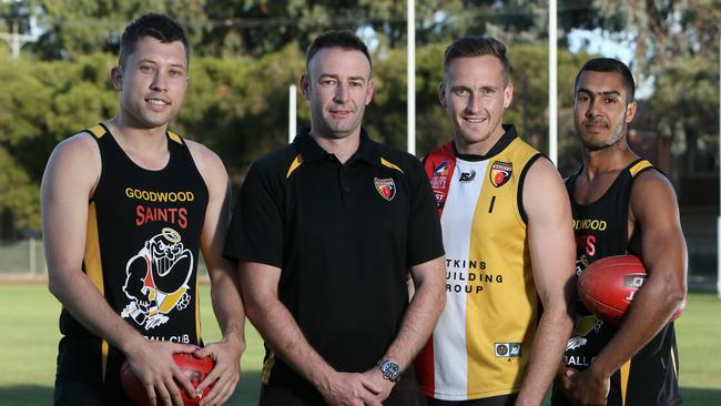 Outgoing Goodwood Saints coach Adam Jeffries with players Tom Edwards, Lou Whitelock and Ben Holzbauer before the start of the season. Picture: APP/Emma Brasier