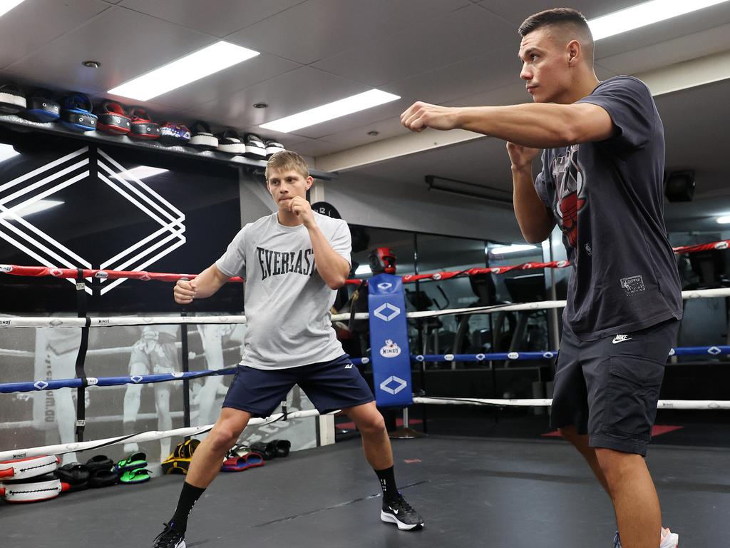 Nikita Tszyu and Tim Tszyu train together. Picture: Josh Woning