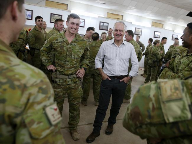 Prime Minister Turnbull with Australian troops at Camp Taji in Iraq. Picture: Andrew Meares