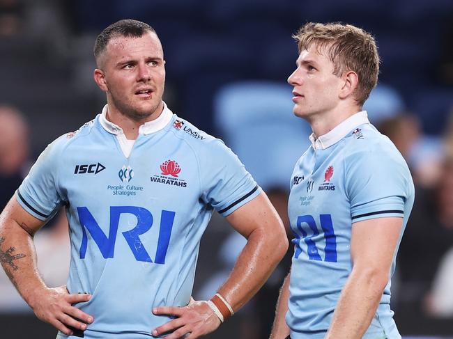 Dylan Pietsch and Max Jorgensen of the Waratahs look dejected after the final Rebels try. Picture: Getty Images