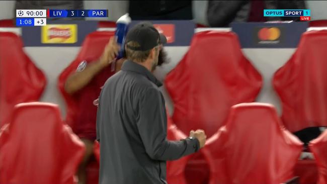 Salah appears to slam his water bottle on the ground after Firmino’s matchwinning strike against PSG.