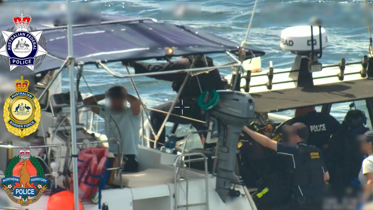 Authorities arrest fugitive Hussein Chamas and two other people aboard a yacht in the Arafura Sea, off the NT coast, on January 26, 2025. Picture: AFP