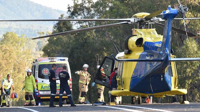 Helicopters at the scene of a double fatality on the Bruce Highway near Tiaro on April 17, 2017. Picture: Alistair Brightman