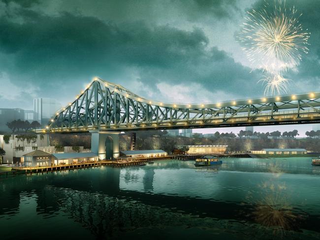 Artist impression of the proposed development at the old Howard Smith Wharves below the Story Bridge, Brisbane.