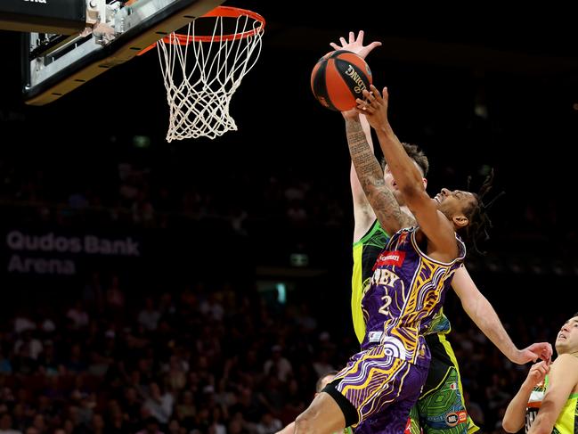 Jaylen Adams takes it to the hoop in the win. Picture: Getty