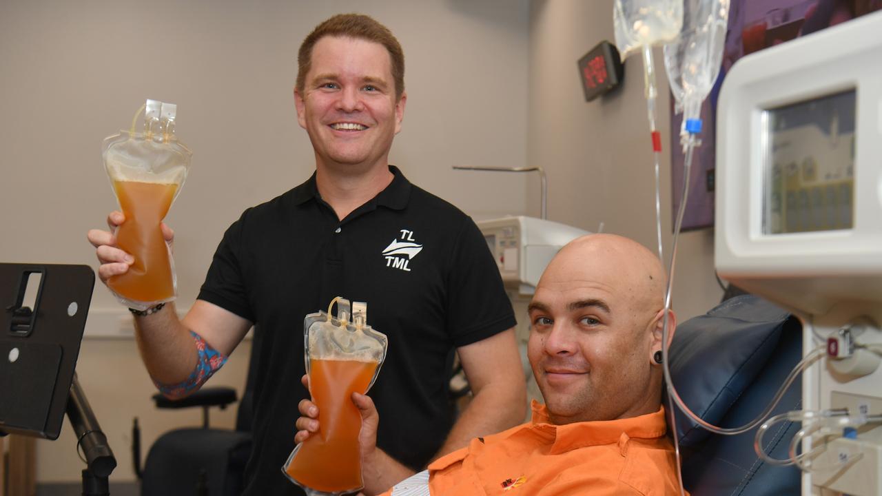 Adrian Farren and Cody Sims and at the Townsville Lifeblood Donor Centre. Picture: Evan Morgan