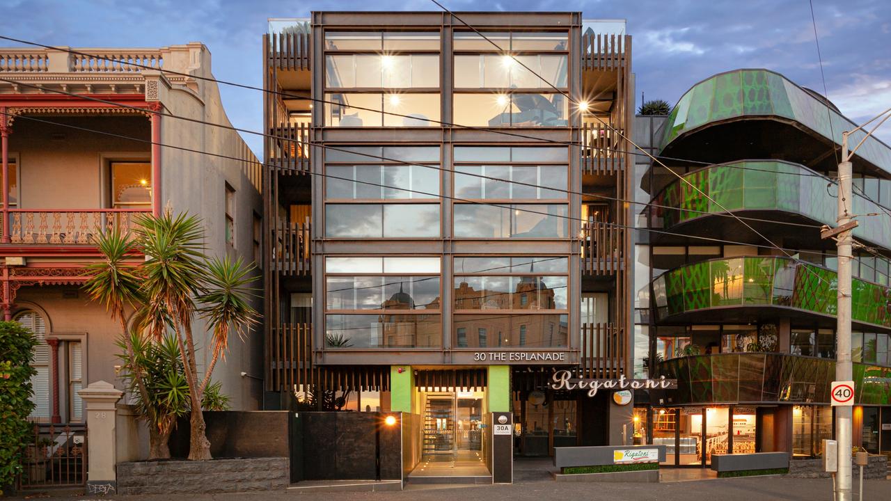 The penthouse spans the entire top floor of 30 The Esplanade, directly above the St Kilda foreshore and Rigatoni restaurant.