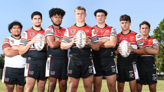 Seven of Kirwan State High School's Clontarf Foundation students will represent Queensland against a NSW team on Saturday as a curtain-raiser for the Cowboys NRL match. Cooper Pearson, Jeffrey Ross, Anthony Iorangi, Kaiden Lahrs, Elijah-Shane Tapau, Darius Carter and Cohen Emmi. Picture: Shae Beplate.