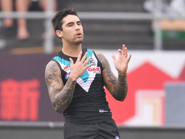 Chad Wingard of the Power reacts after missing a goal during the Round 9 AFL match between the Gold Coast Suns and the Port Adelaide Power at the Adelaide Arena at Jiangwan Stadium in Shanghai, China, Saturday, May 19, 2018. (AAP Image/David Mariuz) NO ARCHIVING, EDITORIAL USE ONLY