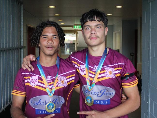 John Norman Miller and Jerome Martin Murgha of the Southern Suburbs after the under 16s Far North Queensland Rugby League grand final against Cairns Brothers at Barlow Park. Picture: Jake Garland