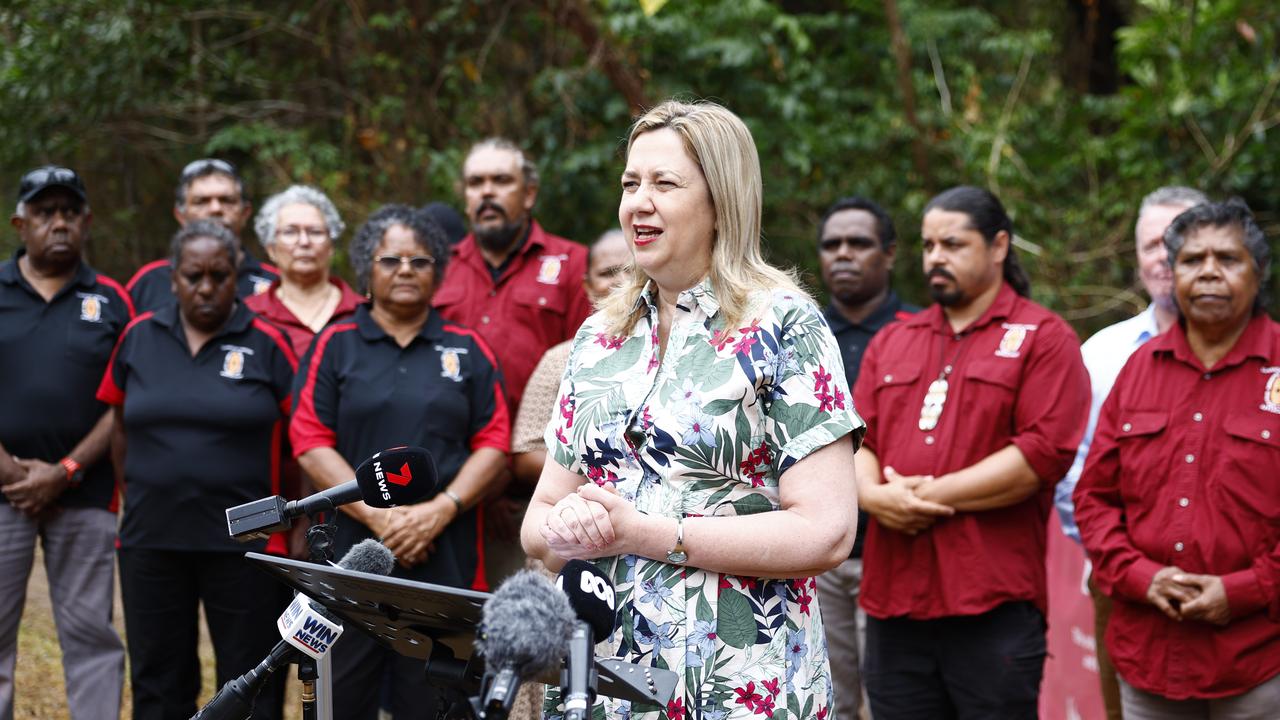 In November 2023 the Queensland Government has signed a historic land use agreement with the Djabugay Nations traditional owners to allow for the continuation of works on the Wangetti Trail hiking and cycling track, from Palm Cove to the Mowbray River. Former Premier Annastacia Palaszczuk with members of the Djabugay Nations, which include the Djabugay, Yirrganydji, Buluwai, Nyakali and Guluy people. Picture: Brendan Radke