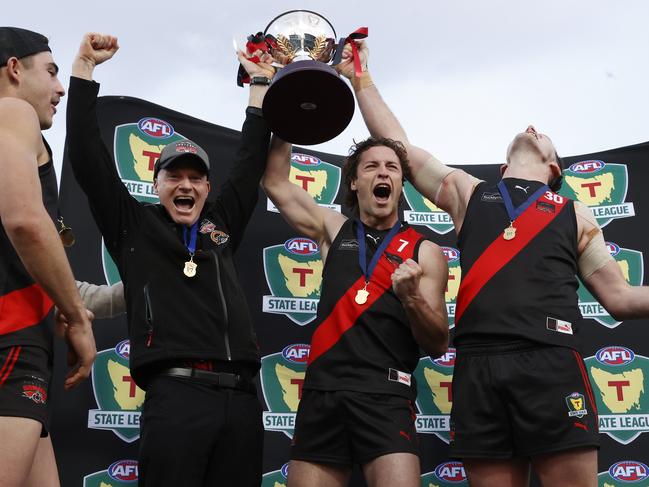 North Launceston coach Adrian Smith with co captains Fletcher Bennett and Alex Lee after last year’s TSL grand final win. Picture: Nikki Davis-Jones