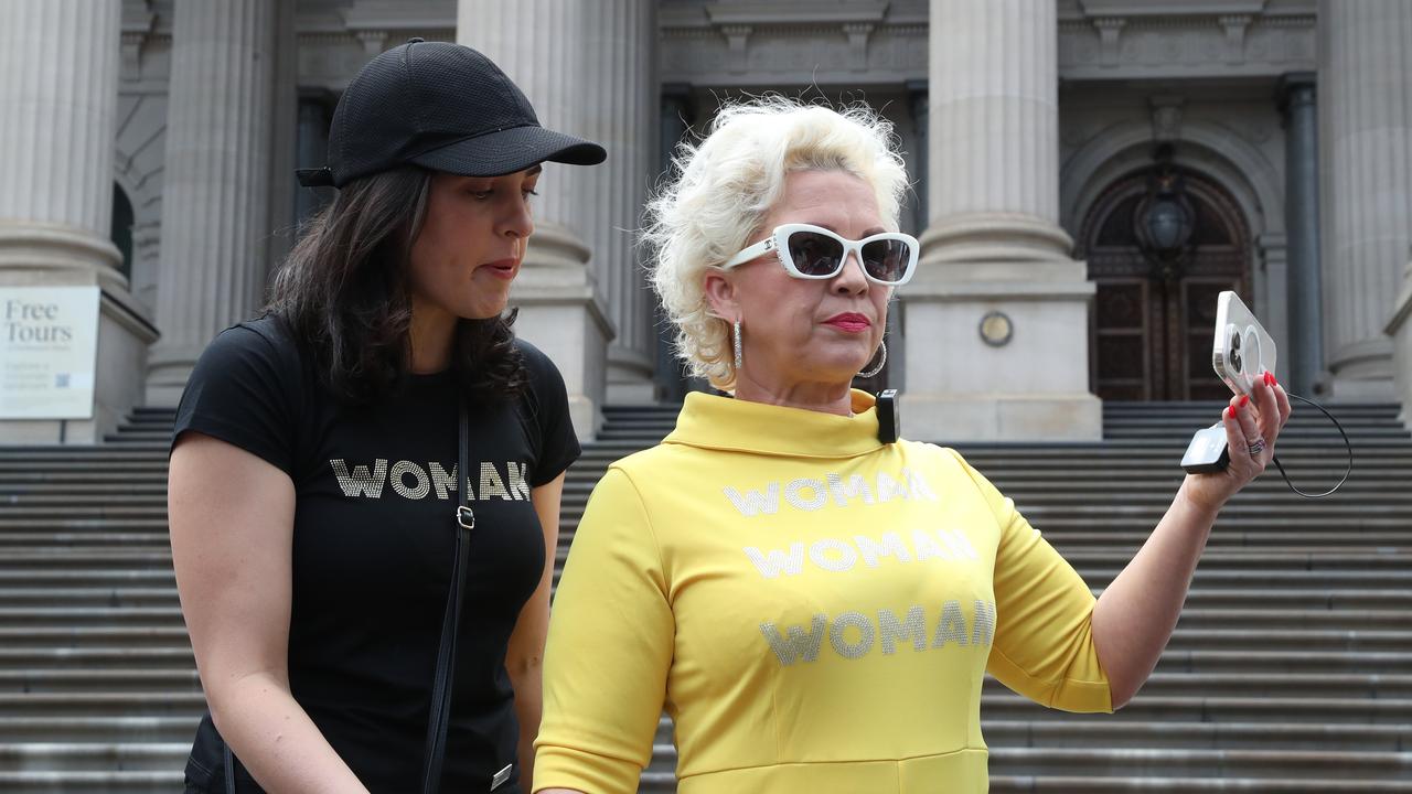 Kellie-Jay Keen-Minshull, right, has been speaking at engagements outside state parliaments this week. Picture: NCA NewsWire / David Crosling