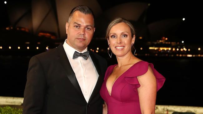 Anthony Seibold with his wife at the 2018 Dally M Awards. Seibold says the emotional toll of the coaching saga on his family has been huge. Picture: Getty