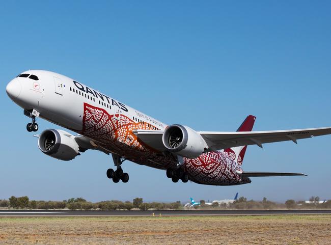 ESCAPE:  ALICE SPRINGS, 2 MARCH 2018 – Qantas’ newest Boeing 787-9 Dreamliner, which features a unique Indigenous livery, touched down in Alice Springs today. Picture: Qantas Yam Deaming by Emily Kame Kngwarreye