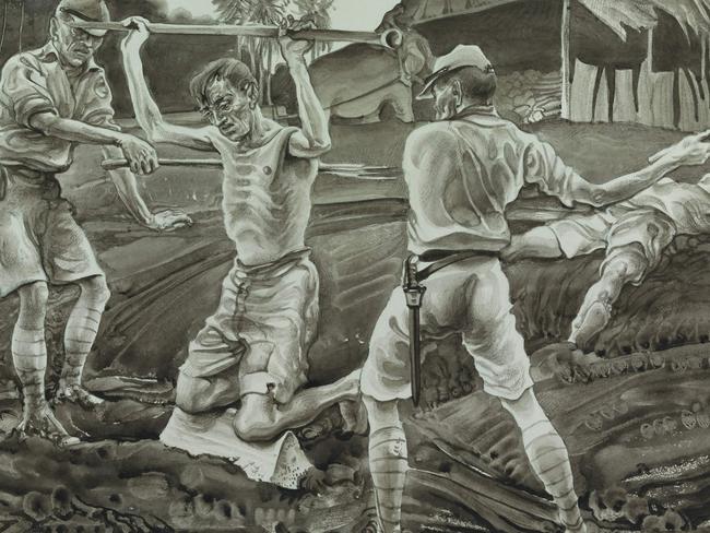 Japanese soldiers bash Australian and British soldiers on the Death Railway. Prisoner Murray Griffin drew this from witness descriptions of the incident. Picture: Australian War Memorial.