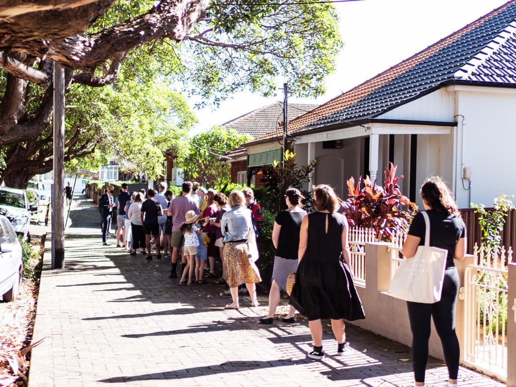 House hunters line up for the open inspection for 2 Harney St in Marrickville. NSW real estate.