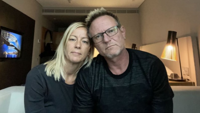 Mark Kilian, pictured with wife Anneli Gericke, has written to Scott Morrison to ask for his help in overturning Queensland Health's decision so he is able to see his dying father. Picture: Nine News