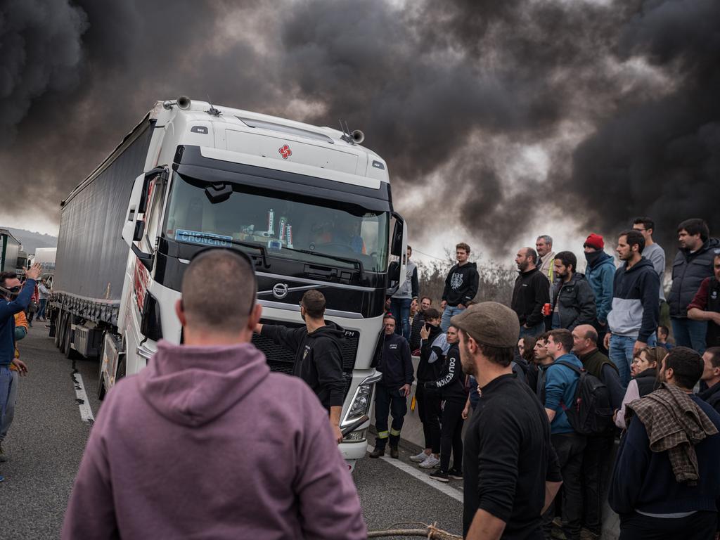 Farmers block the AP-7 highway in Girona, Spain, protesting against EU and government agricultural policies amid a sector-wide crisis. Picture: Adri Salido/Getty Images
