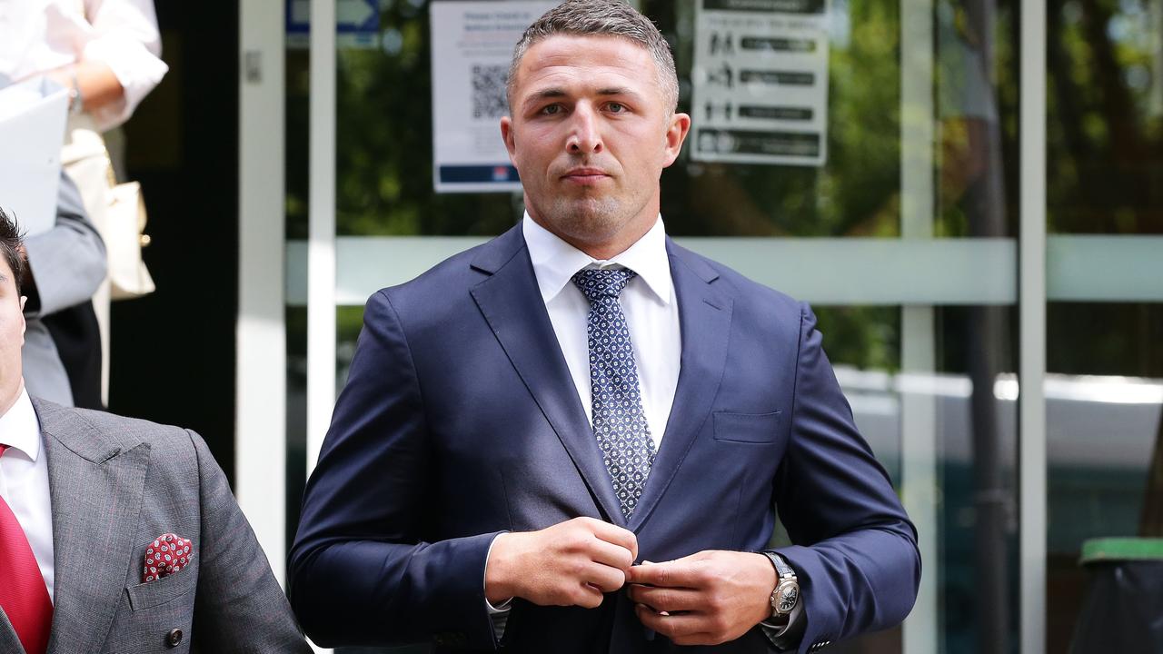 Sam Burgess seen leaving Moss Vale court in relation to an AVO taken out by his ex-wife Phoebe’s father. Picture: David Swift