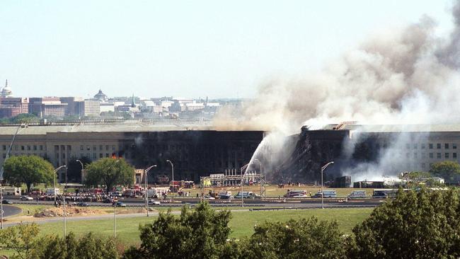 Smoke pours from The Pentagon in Washington on September 11, 2001. Picture: Yuri Gripas