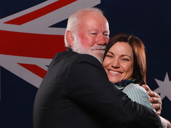 MELBOURNE, AUSTRALIA - JULY 06: Australian athlete Anna Meares poses with her father Tony at the Stamford Plaza during a portrait session after being announced as the Australian flag bearer for the Opening ceremony of the 2016 Rio Olympic Games, on July 6, 2016 in Melbourne, Australia. (Photo by Michael Dodge/Getty Images for AOC)