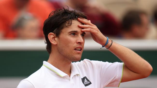 Dominic Thiem reacts during his first-round defeat. Picture: Getty