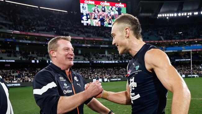 Carlton coach Michael Voss and captain Patrick Cripps have steered the Blues’ ship rough waters this year. Picture: Dylan Burns/AFL Photos via Getty Images