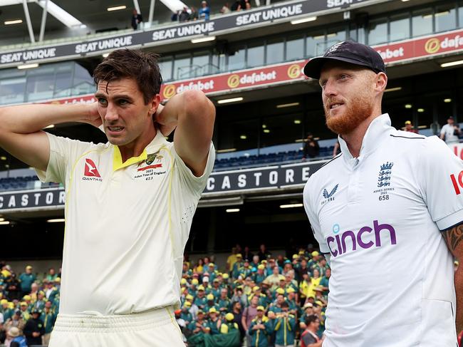 Opposing captains Pat Cummins and Ben Stokes post-match. Picture: Ryan Pierse/Getty Images.