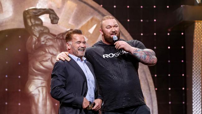 Hafthor Bjornsson, aka The Mountain, on stage with Arnold Schwarzenegger after winning the Arnold Strongman Classic as part of the Arnold Sports Festival on March 2, 2019, at the Greater Columbus Convention Center in Columbus, OH.