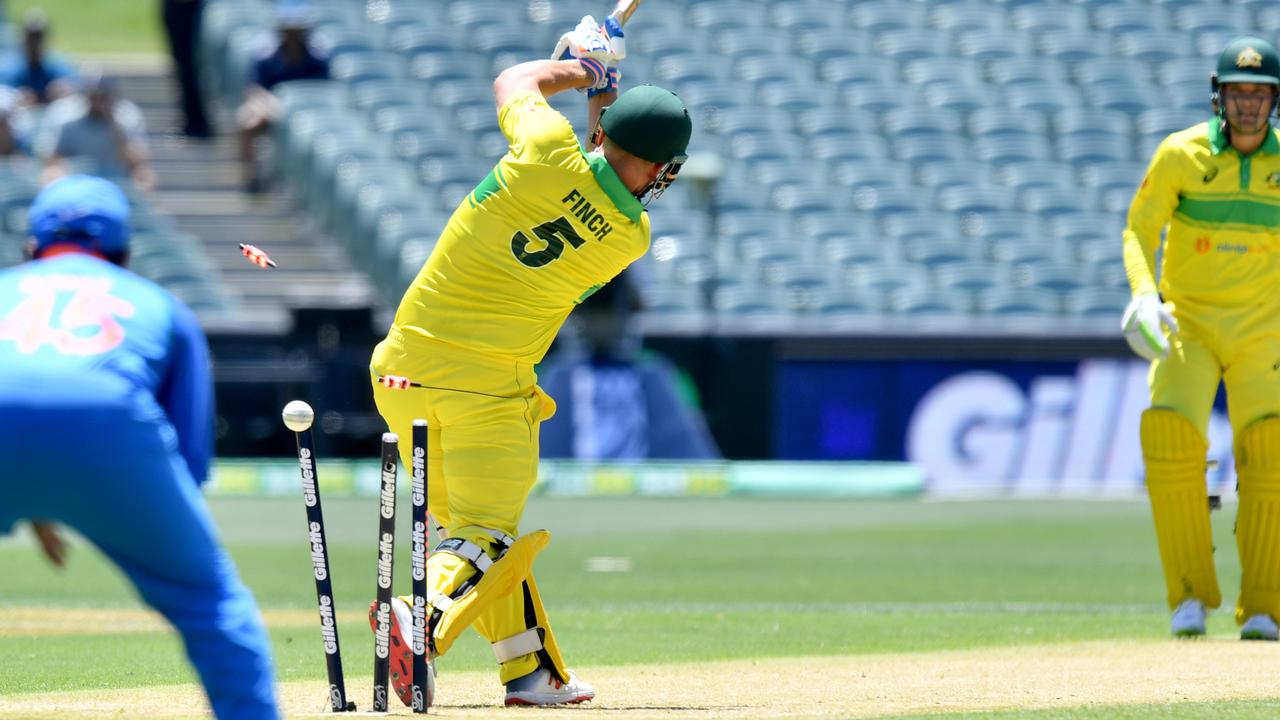 Aaron Finch of Australia is bowled by Mohammed Shami of India during the second One-Day International.