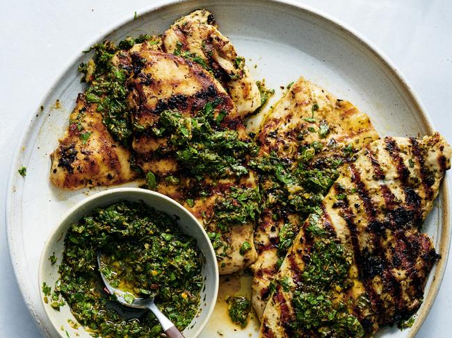 EMBARGO FOR TWAM, 23 NOVEMBER 2024. FEE MAY APPLY. Mayo-Marinated Chicken with Chimichurri. Easy Weeknight Dinners by New York Times Cooking, published by Penguin Random House Australia, 2024. No author creditNo photographer credit required