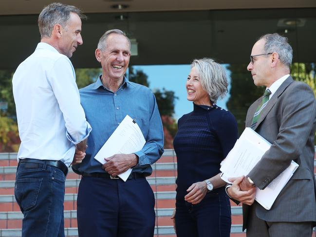 L-R Nick McKim Greens senator, Bob Brown, Rosalie Woodruff Greens member for Franklin (state), Roland Browne lawyer. Federal Court Hobart hearing in relation to proposed fish farm at Okehampton Bay on the Tasmanian East Coast. Picture: NIKKI DAVIS-JONES