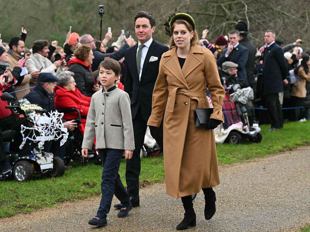 Princess Beatrice, Edoardo Mapelli Mozzi with his son Christopher Woolf at Sandringham on Christmas Day. Picture: AFP