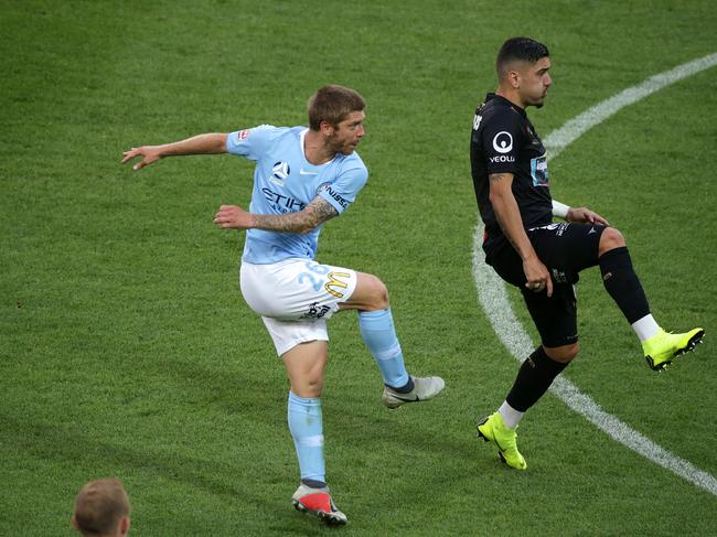 Luke Brattan of Melbourne City controls the ball before scoring late in the first half during the Round 6 A-League match between Melbourne City and Newcastle Jets at AAMI Park in Melbourne, Sunday, December 2, 2018. (AAP Image/George Salpigtidis) NO ARCHIVING, EDITORIAL USE ONLY