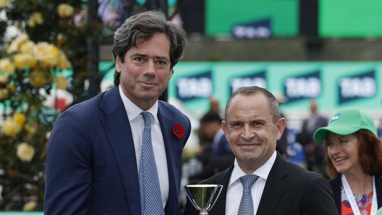 Tabcorp boss Gillon McLachlan with star horse trainer Chris Waller during the spring racing carnival in Melbourne. Picture: Michael Klein